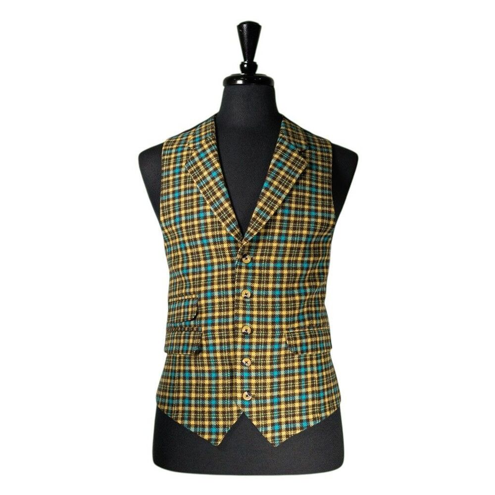 Mens 42R Tartan Plaid Wool Vest Waistcoat Yellow Blue Brown Formal Wedding Party